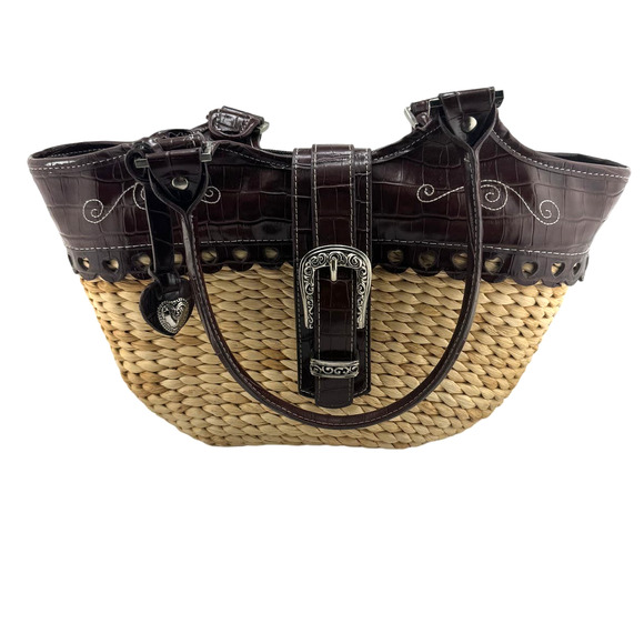 Straw Tote Handbag‎ Heart Accents Silver Buckle - Picture 2 of 14